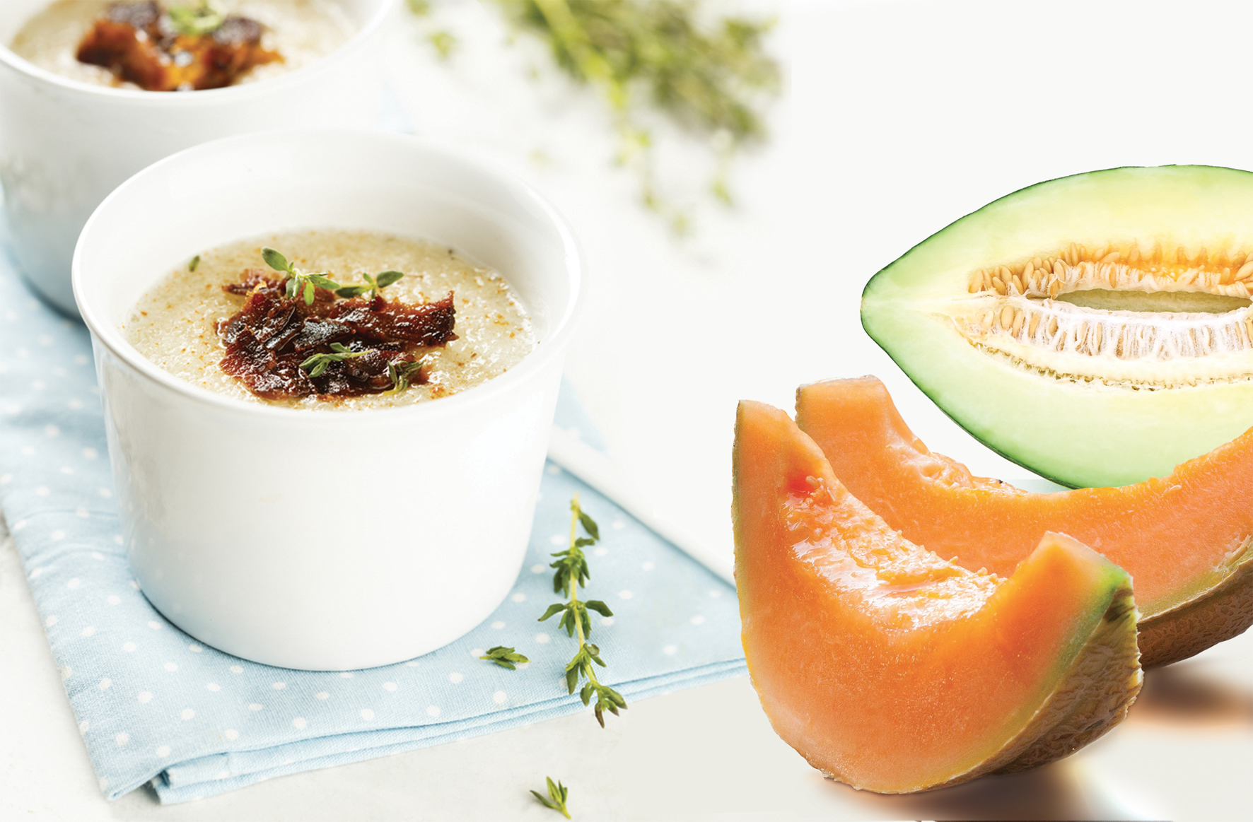 Crema di meloni con prosciutto croccante